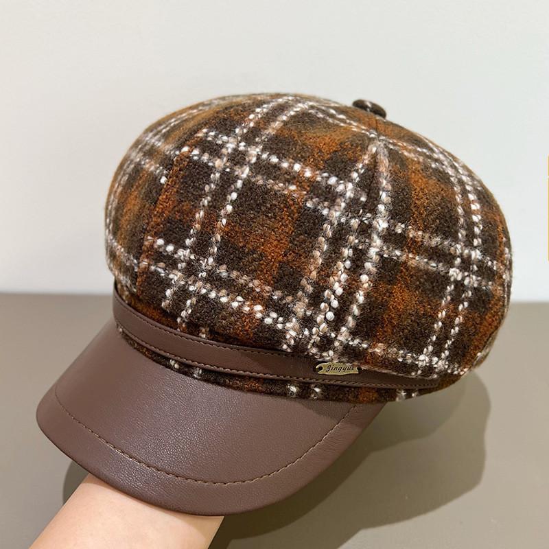 Vintage Plaid Beret Hat With Wide Brim For Women Winter Fashion Accessory