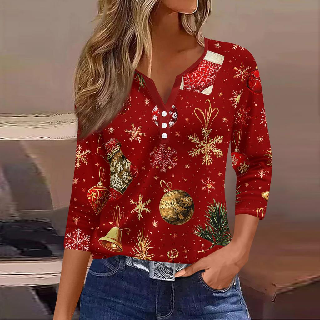 Женская модная повседневная футболка с принтом рождественской елки, V-образным вырезом, декоративными пуговицами и рукавом три четверти