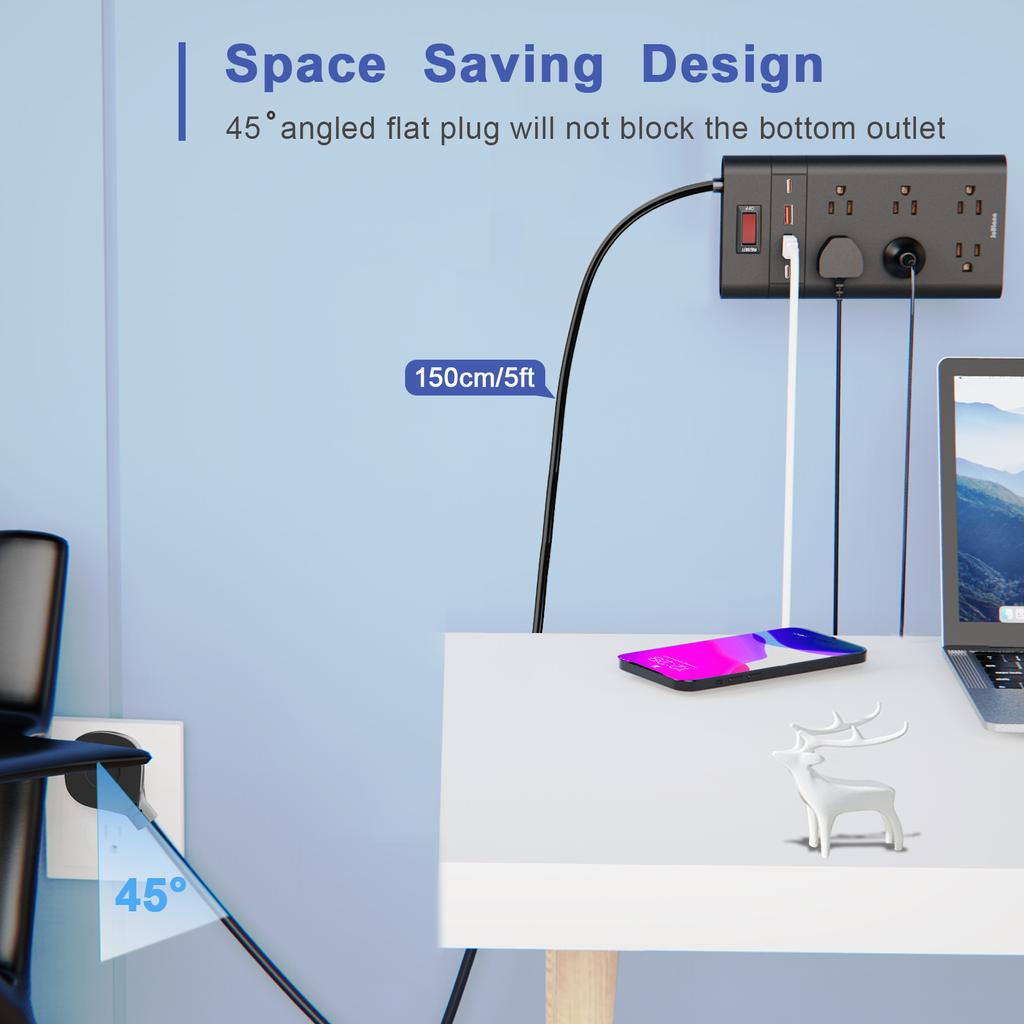 Сетевой фильтр с защитой от перенапряжения, 6 розеток переменного тока, 4 USB-порта, вилка США(2 USB-C), Удлинительный кабель 5 футов, сетевой фильтр для настенной розетки