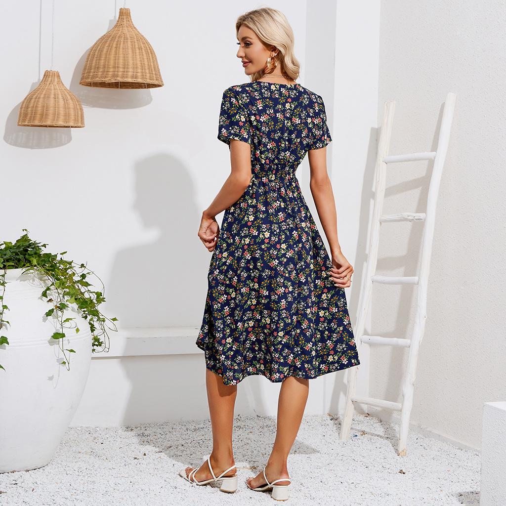 Женская мода лето весна цветочный узор принт с коротким рукавом V-образным вырезом с высокой талией повседневные платья