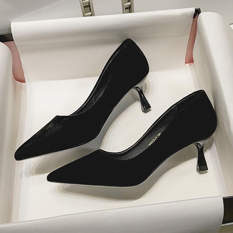 Comemore Black High Heels Women Pointy Head Professional Thin Heeled Single Shoes Female Sexy Suede Stiletto Party Dress Pumps