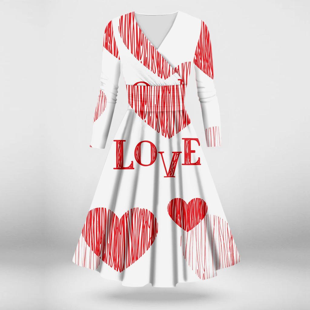 Женская мода повседневное сексуальное платье с длинным рукавом и v-образным вырезом с принтом ко Дню святого Валентина