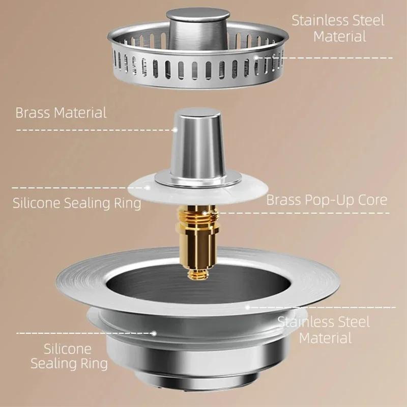 Kitchen Sink Drain Strainer Stainless Steel PopUp Sink Stopper Anti-Clogging Catcher Basket Odor Filter Plug Kitchen Accessories