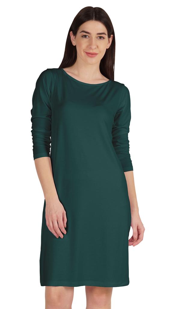 Inkmeso Knee Length Plain Dress Long Sleeve Boat Neck Tshirt Dress For Women