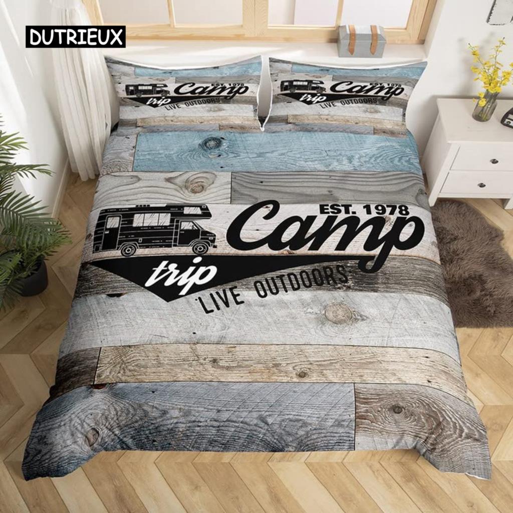 Пододеяльник в деревенском стиле с рисунком в виде эскиза, наволочка из полиэстера с рисунком Happy Camper, наволочка для пододеяльника в стиле старого амбара