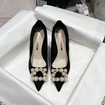 Модная осенняя новая обувь на тонком каблуке, женская модная обувь с острым носком, замшевая, со стразами, с пряжкой, темпераментная, с низким верхом