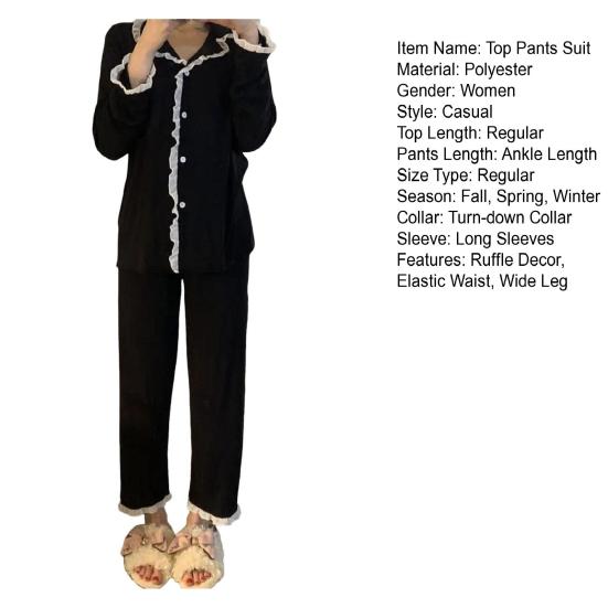 2 шт./комплект осень-зима женская пижама костюм с оборками отложной воротник однобортный длинный рукав кардиган топ широкие брюки пижамы повседневная одежда одежда