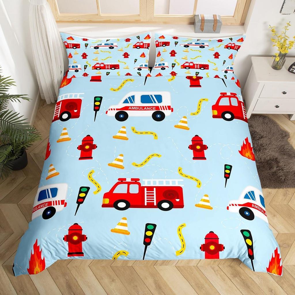 Fire Truck Duvet Cover Twin Queen Size,Kids Cute Car Road Traffic Print Comforter Cover Cartoon City Map Firefighter Bedding Set