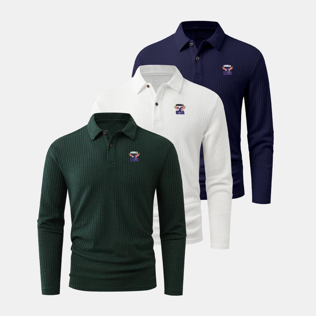 Minimalist Men's Long-Sleeve Polo 3pcs Set-Classic Two-Button Design, Soft and Drapey Fabric, Breathable and Moisture-Wicking for Everyday Wear