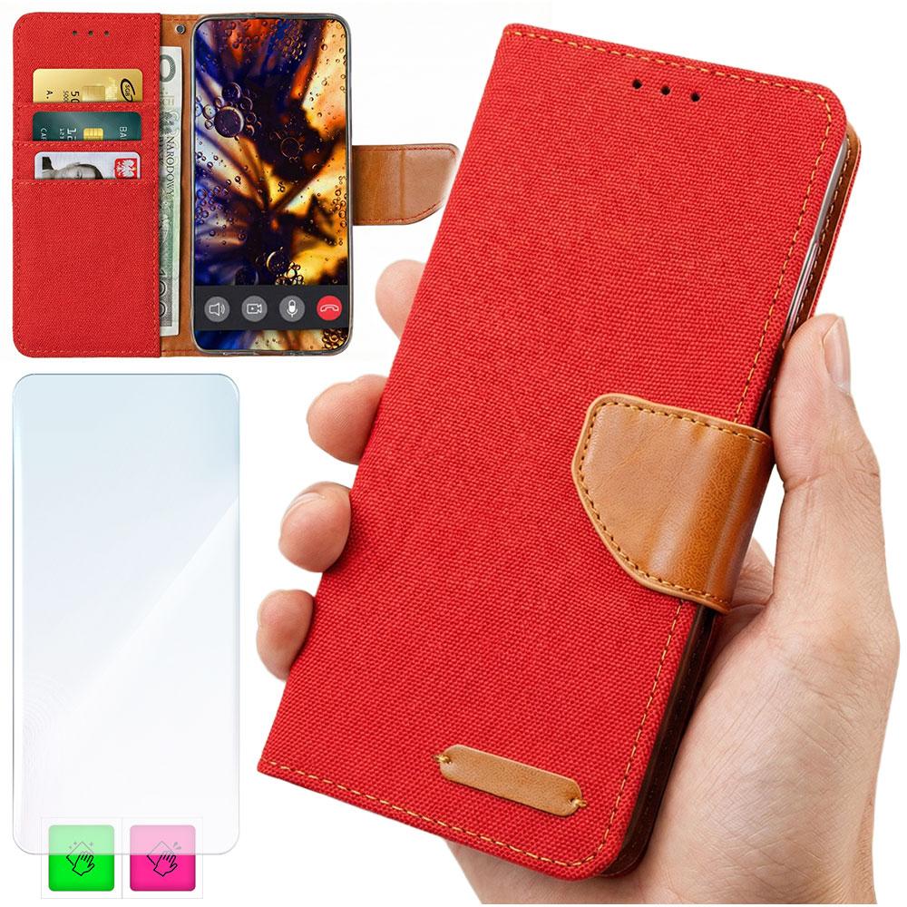 Etui Typu Portfel Do Motorola Moto G15 / G15 Power - Czerwony Pokrowiec Canvas + Szkło