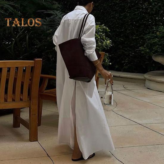 Women Shirt Dress Lapel Long Sleeve Side Slit Design Casual Shirt Solid Color Buttons Closure Maxi Dress Daily Wear