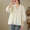 Spring Autumn Cotton Organ Shirt Women's V-neck Lantern Sleeve Lace Splicing Top Loose Solid Color Shirt Blouses & Shirts