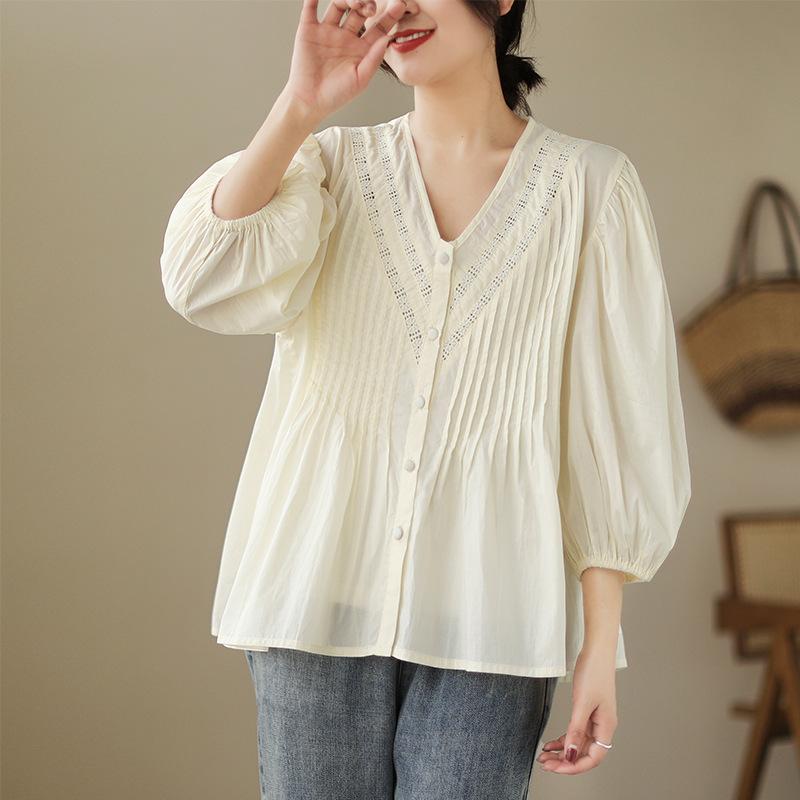 Spring Autumn Cotton Organ Shirt Women's V-neck Lantern Sleeve Lace Splicing Top Loose Solid Color Shirt Blouses & Shirts