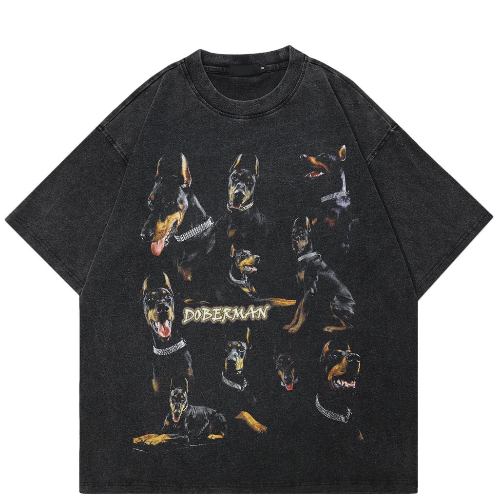 Streetwear Vicious Dog Unisex Cotton Washed Black Tshirt Tops Tees Summer Short Sleeves T Shirt