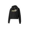 Ess+ Metallic Logo Cropped Hoodie With Drawstring And Fleece Lining Women Tops Black 670946-01