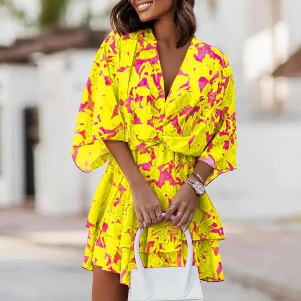 Женское платье в стиле бохо с цветочным принтом, летние сексуальные свободные платья с v-образным вырезом и рукавами «летучая мышь», на шнуровке, женское пляжное праздничное мини-платье, одежда