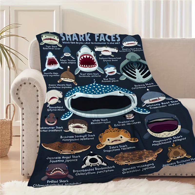 Multipurpose for Travel, Camping, Sofa - Coastal Style, Animal Theme PrintedShark Faces Flannel Throw Blanket