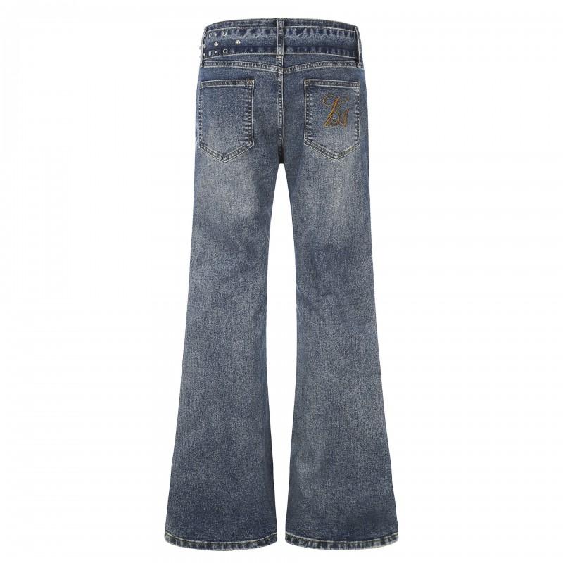 Womens High Waist Flare Jeans Y2K Punk Rivet Belt Washed Distressed Embroidered Bootcut Pants