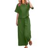 2 Pcs/Set Women Top Pants Set Round Neck Solid Color Short Sleeves T-shirt Adjustable Waist Wide Leg Trousers Casual T-shirt Trousers Set