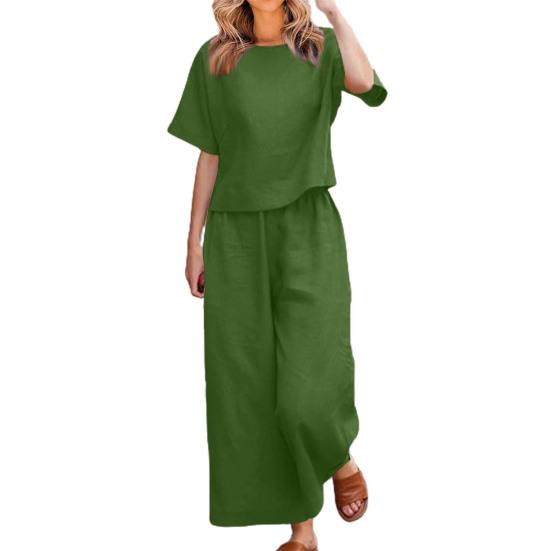 2 Pcs/Set Women Top Pants Set Round Neck Solid Color Short Sleeves T-shirt Adjustable Waist Wide Leg Trousers Casual T-shirt Trousers Set