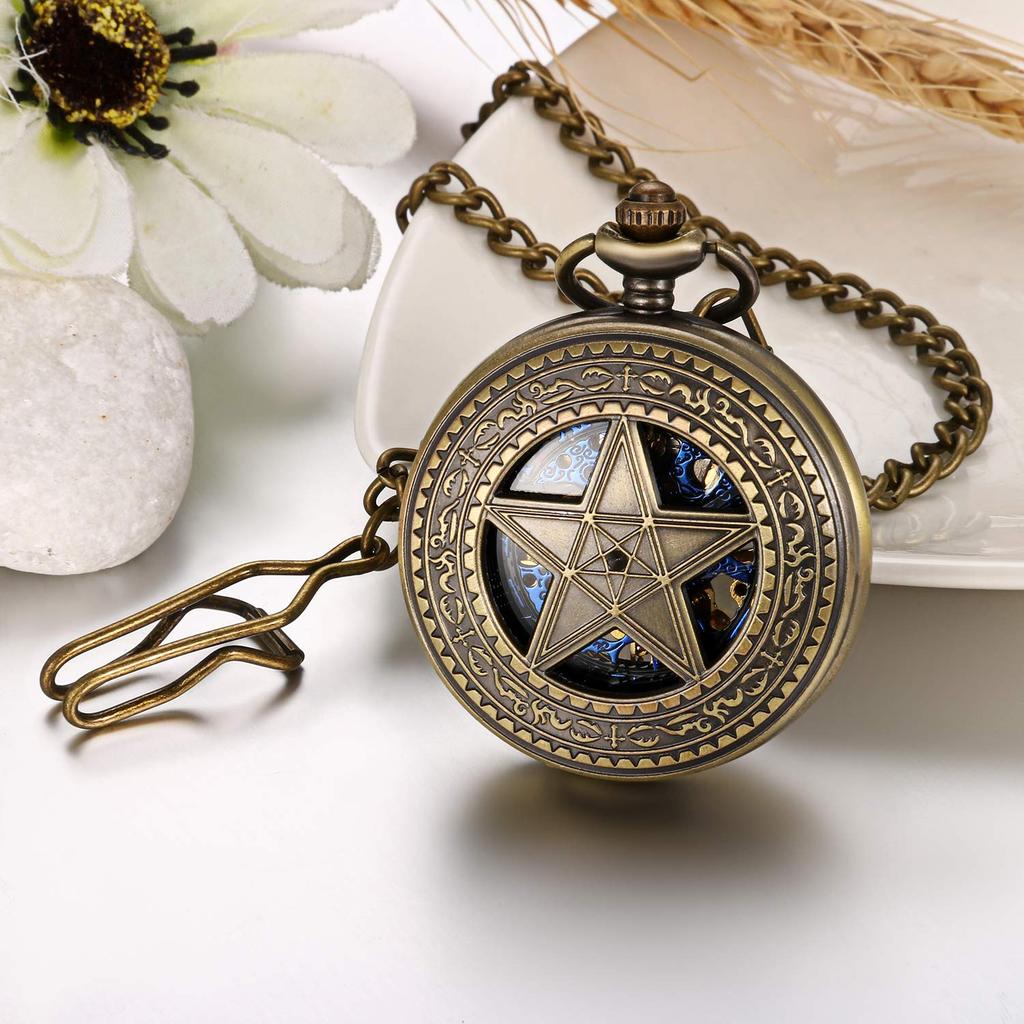 JEWELRYWE Карманные часы со звездой Автоматический скелетон Римский аналоговый Часы-подвеска Антикварный стиль Сплав Идеально для Дня совершеннолетия, Дня рождения, Юбилея, Ch
