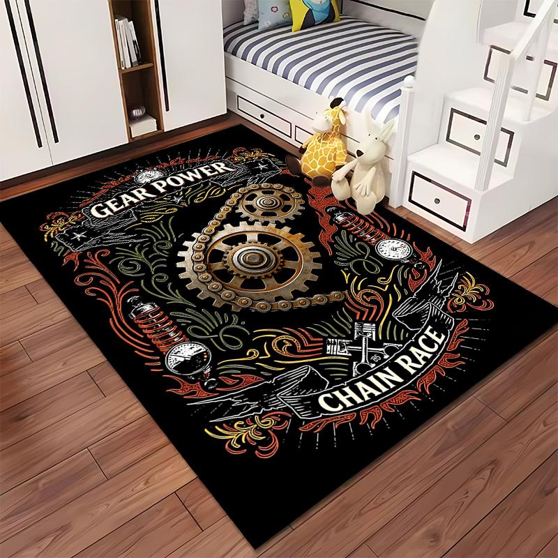Industrial Gear Design Carpet with "Gear Power" and "Chain Race" Print Suitable for use as an anti-slip for living room bedroom sofas
