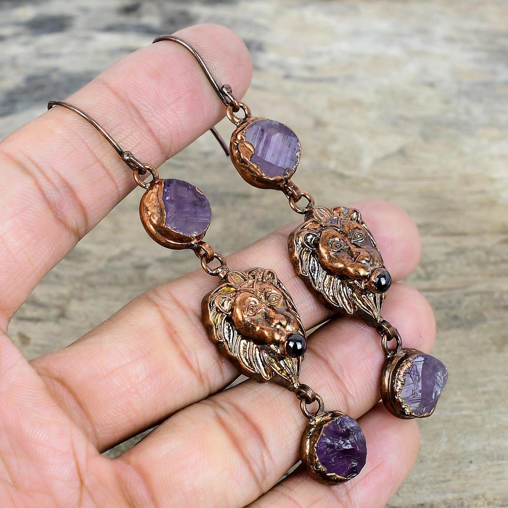 African Amethyst Rough Earring Electroformed Copper Earrings Lion Face Earring Antique Copper Jewelry Handmade Gemstone Earring Gift for Mom