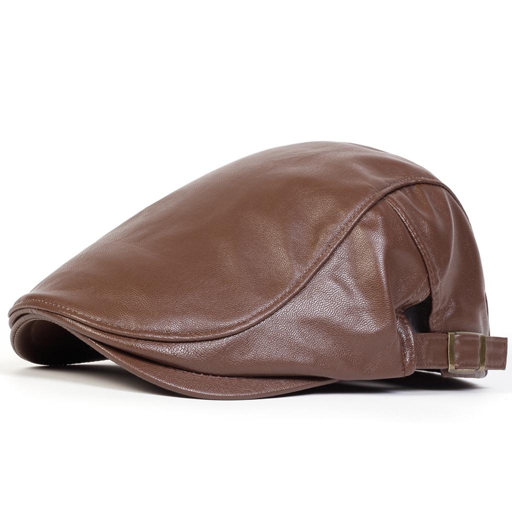1Piece Men Solid Color Thick Pu Leather Forward Cap Duckbill Cap Outdoor Adjustable Warmth Sunscreen Casual Hat Suitable for Autumn Winter Travel