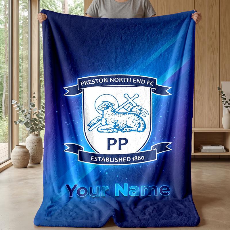 Preston North End Custom Name Text Flannel Blanket Soccer Logo Personalized Fleece Throw Blanket Special Gift For Sofa Bedroom Home
