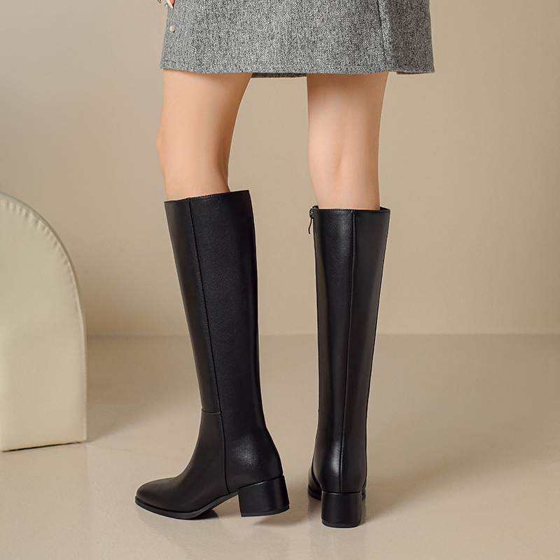 Krazing Pot Осенне-зимняя обувь из коровьей кожи, сапоги для верховой езды, круглый носок, сохраняющие тепло, на молнии, черного цвета, на толстом высоком каблуке, высокие сапоги до бедра