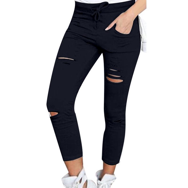 Cargo Pants Women Fashion Slim High Waisted Stretchy Skinny Broken Hole Pencil Pants Solid Color Streetwear Trousers