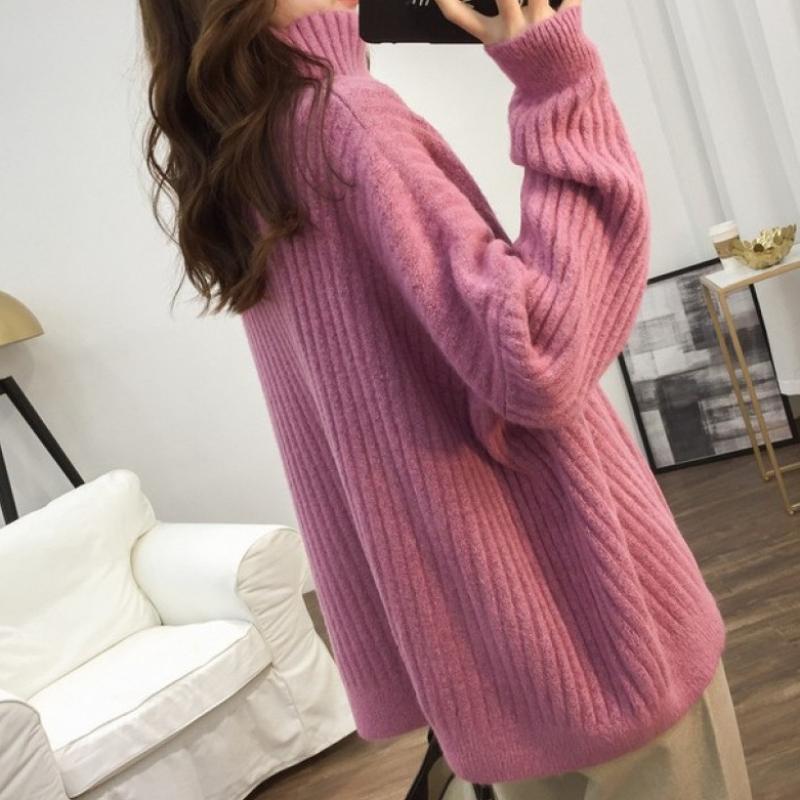 Осень-зима, крупный однотонный пуловер с высоким воротником, свитер, женский новый джемпер, свободные и ленивые повседневные вязаные топы с длинными рукавами