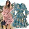 Women Fashion Casual Chiffon Floral Printing Short Sleeve V-Neck  Party Dress