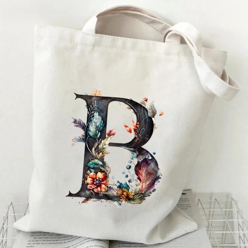 26 Letters Flower Tote Bag For Women Eco Reusable Shoulder Bagslarge Capacity Canvas Casual Harajuku Shopping Shopper Handbag