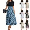 Women's Fashion Casual Belt Short Sleeve Round Neck Floral Stitching Elegant Temperament Dress