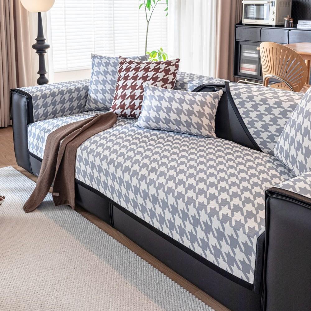 Чехол для дивана из ледяного шелка с узором «гусиные лапки», универсальный для всех сезонов, чехол для дивана, украшение для гостиной, нескользящий коврик для диванной подушки