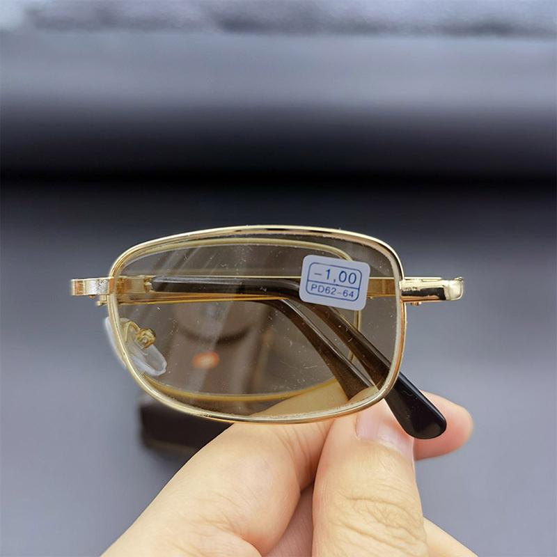 Photochromic Rectangular Foldable Myopia Glasses Men Gold Silver Metal Frame Anti Blue Light UV Finish Myopia Glasses