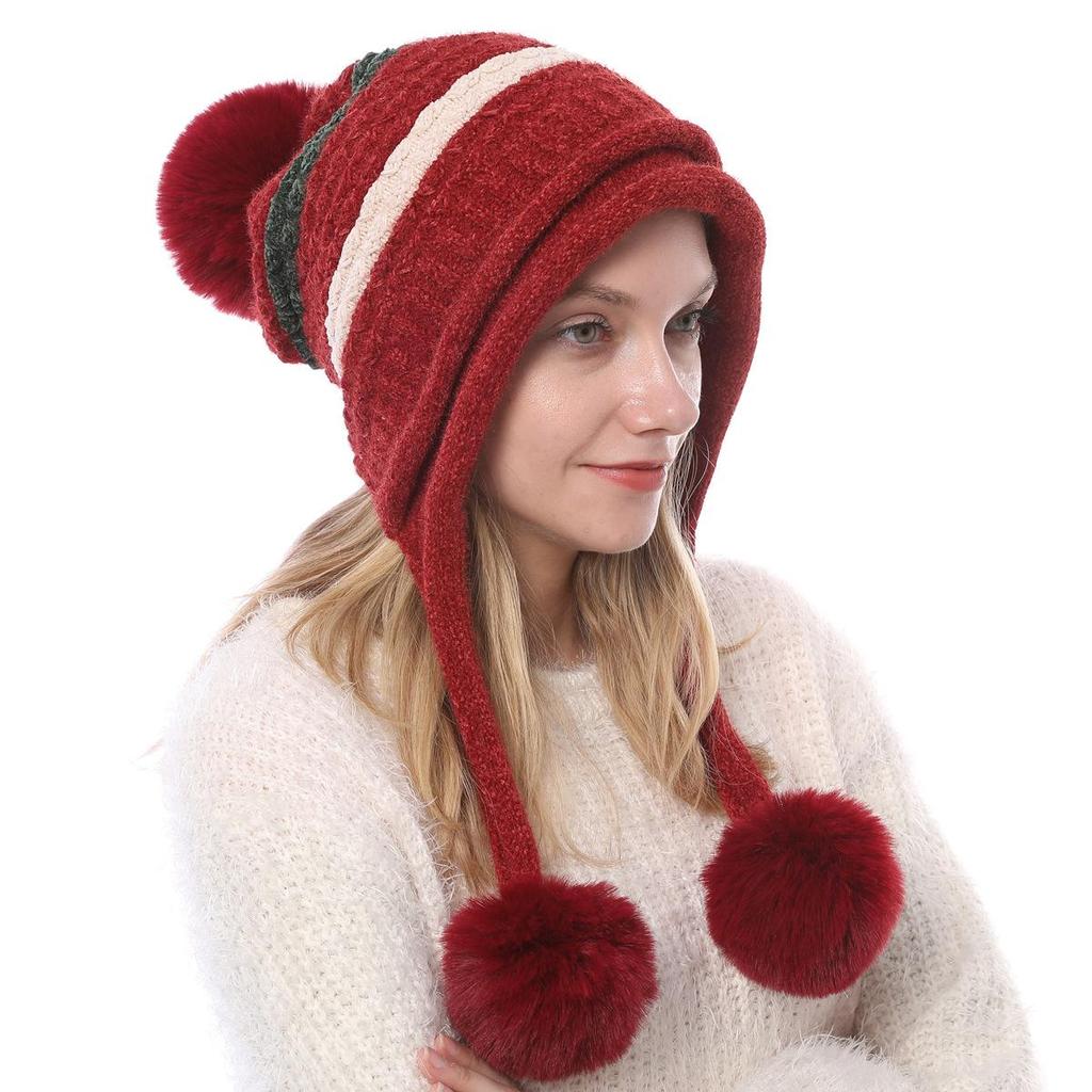 Autumn Winter Plush Warm Three Ball Knitted Hat Chenille Soft Women's Wool Hats EMA