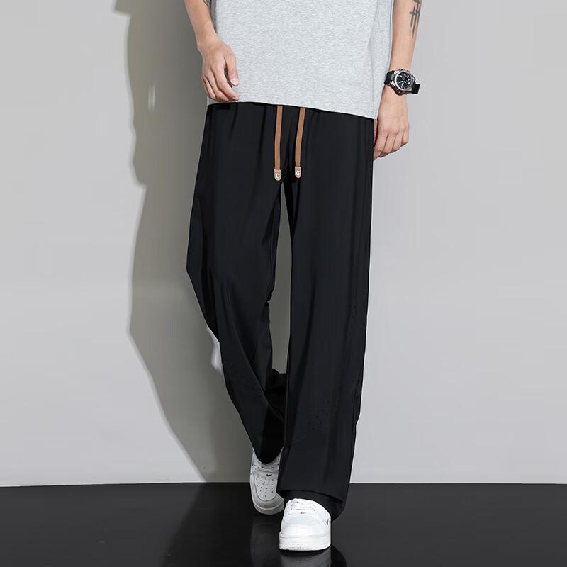 POUM Ice Silk Straight-Leg Pants for Men, Spring And Summer Loose-Fit Sports Breathable Cool Quick-Dry Draping Trousers 2529 Black M