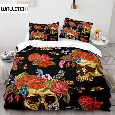 Пододеяльник с изображением сахарного черепа King Microfiber Rose Комплект постельного белья с цветочным рисунком Череп, черный, красный, оранжевый, скелет, двойной пододеяльник