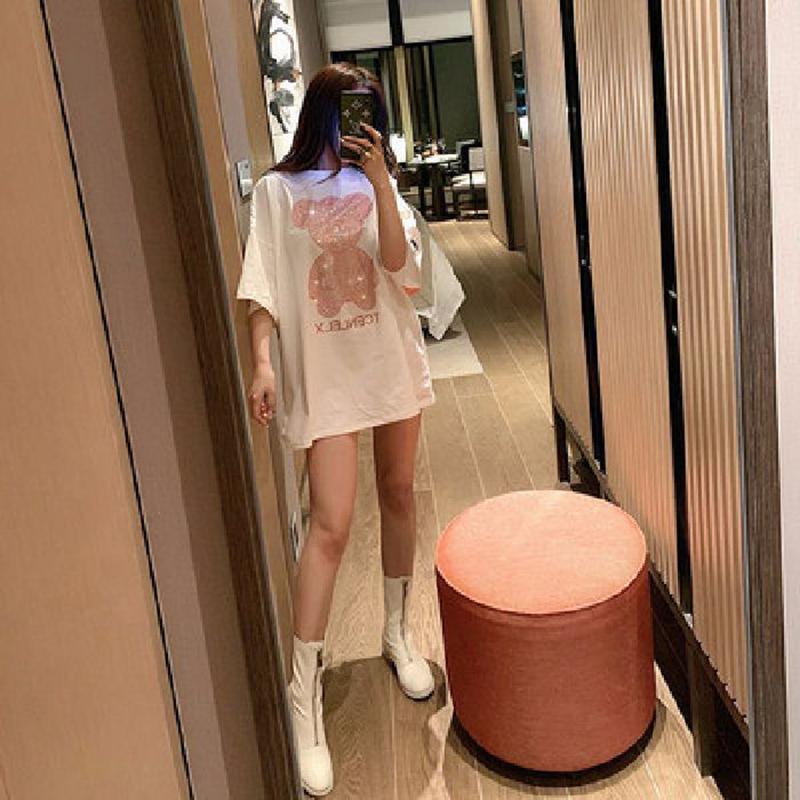 Женская блестящая золотая бриллиантовая футболка с коротким рукавом и принтом медведя в стиле хип-хоп, свободная повседневная футболка