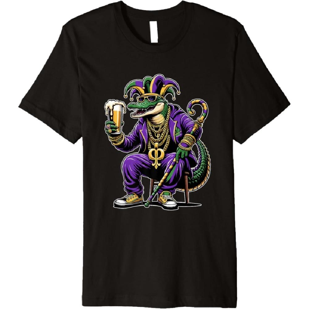 Бусы и Блеск Гангстер Марди Гра Аллигатор Шут Премиальная Футболка(1)