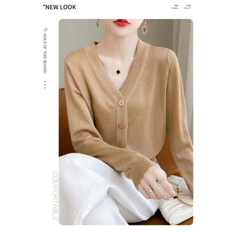 Весенне-осенний женский трикотаж, короткий свободный вязаный кардиган с длинными рукавами и v-образным вырезом, однотонная пряжка