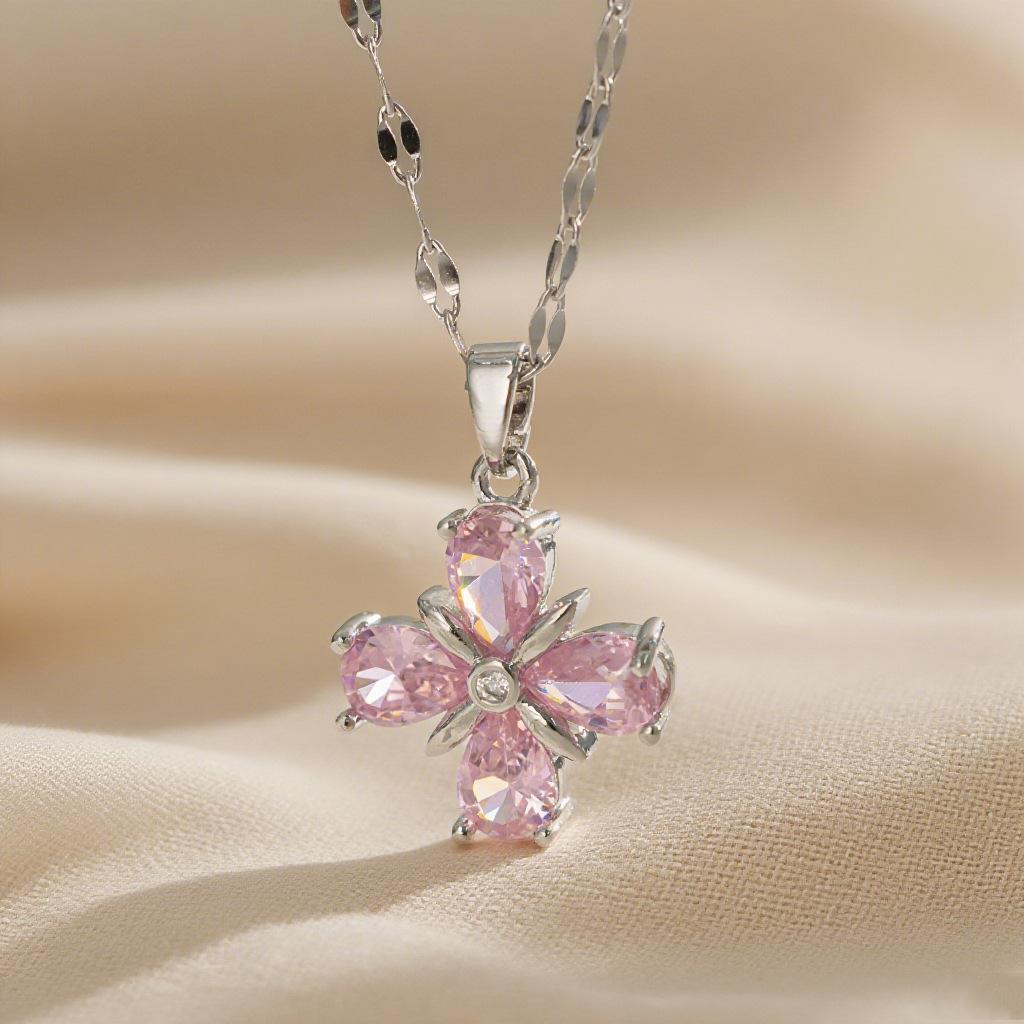 Versatile Niche‑Style Titanium‑Steel Women Necklace, Four‑Petal‑Flower Zircon‑Inlaid Advanced‑Design Collarbone Chain