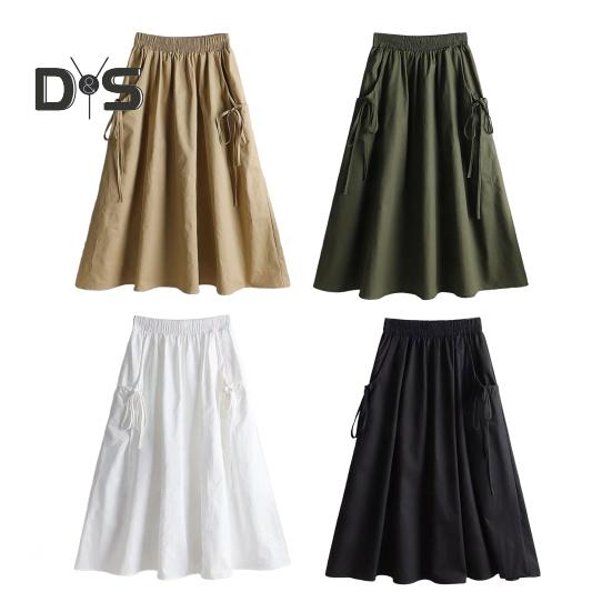 Юбка-карго с эластичным поясом и боковыми карманами, однотонная юбка-трапеция свободного кроя, миди-юбка в рабочем стиле, юбка на завязках