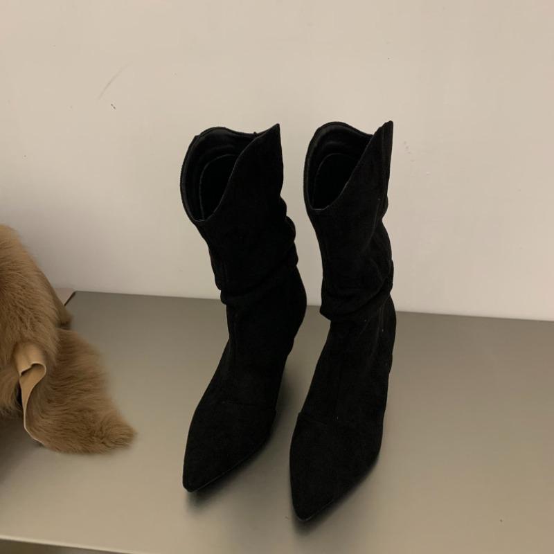 Fashion 2024 Spring and Autumn New Matte Leather Pointed Solid Color Fashion Versatile Comfortable Women's Mid Top Boots Single Boot