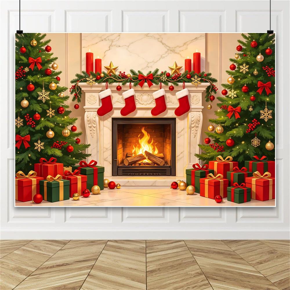 Yeele Christmas Fireplace Shooting Backdrop Red Bow Socks Wreath Xmas Tree Gifts Kids Family Portrait Home Decoration Background