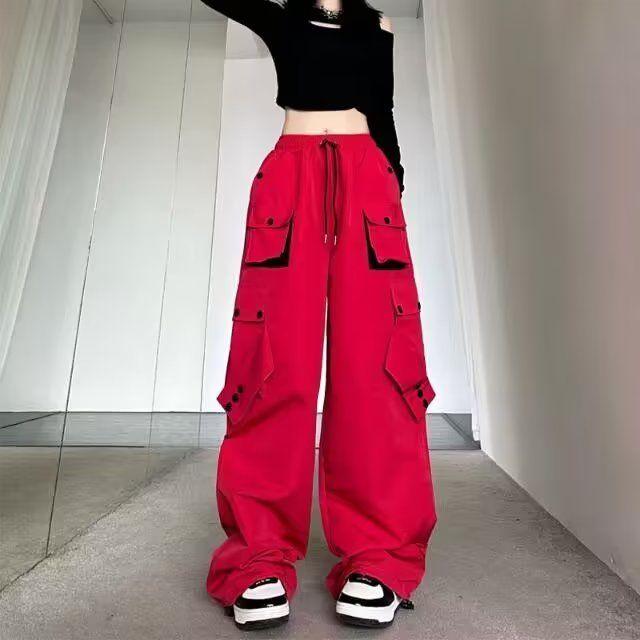 Брюки-карго женские Y2k уличная одежда повседневные широкие брюки в американском стиле хип-хоп с высокой талией и большими карманами на шнуровке свободные женские брюки