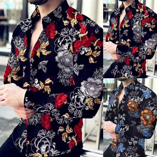 Привлекательная мужская рубашка тонкой работы, полиэстер, длинный рукав, цветочный узор, мужская рубашка-топ на каждый день