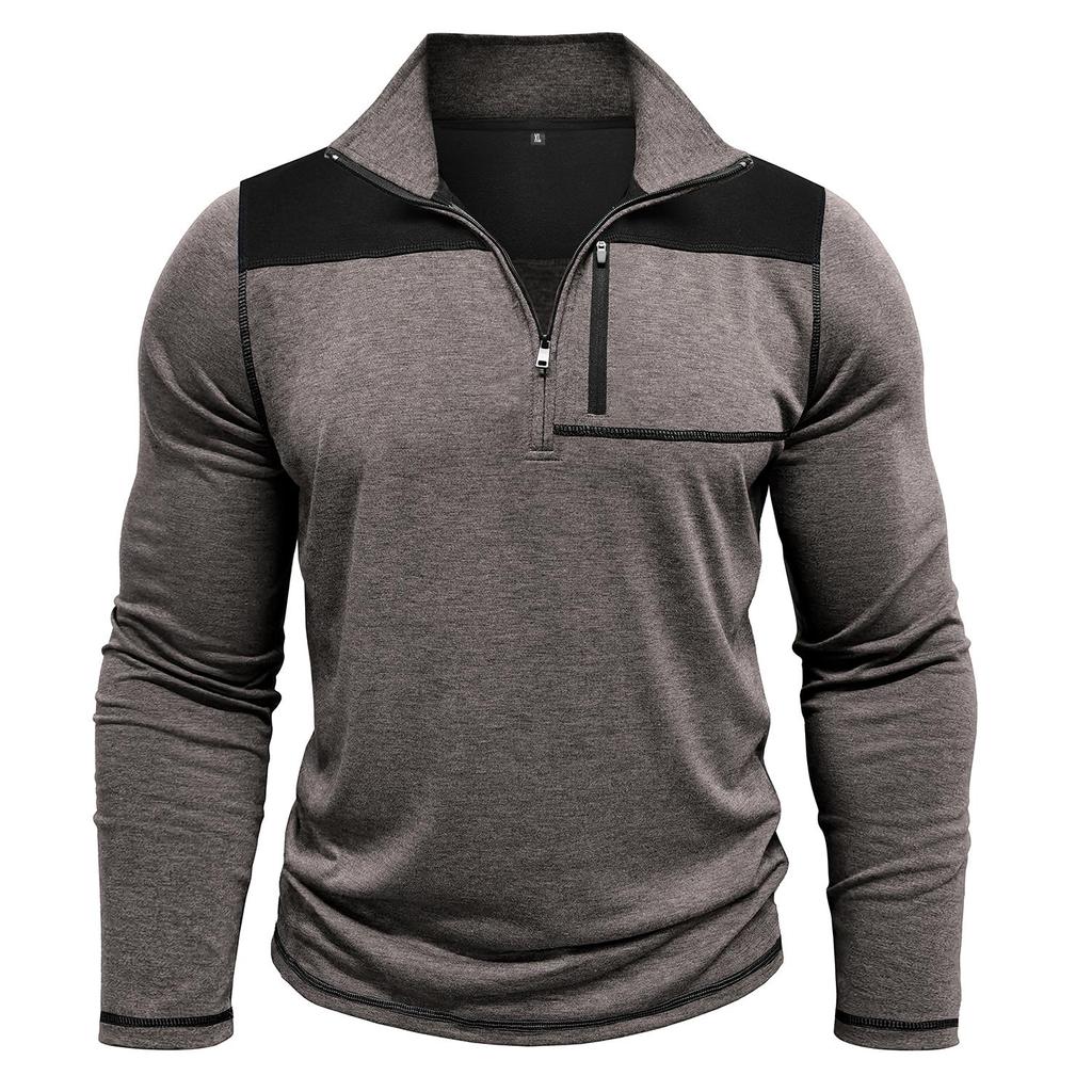 Мужские топы с воротником-стойкой, длинными рукавами, футболки контрастных цветов, свитшоты с застежкой-молнией и нагрудным карманом, повседневная спортивная одежда на осень и весну
